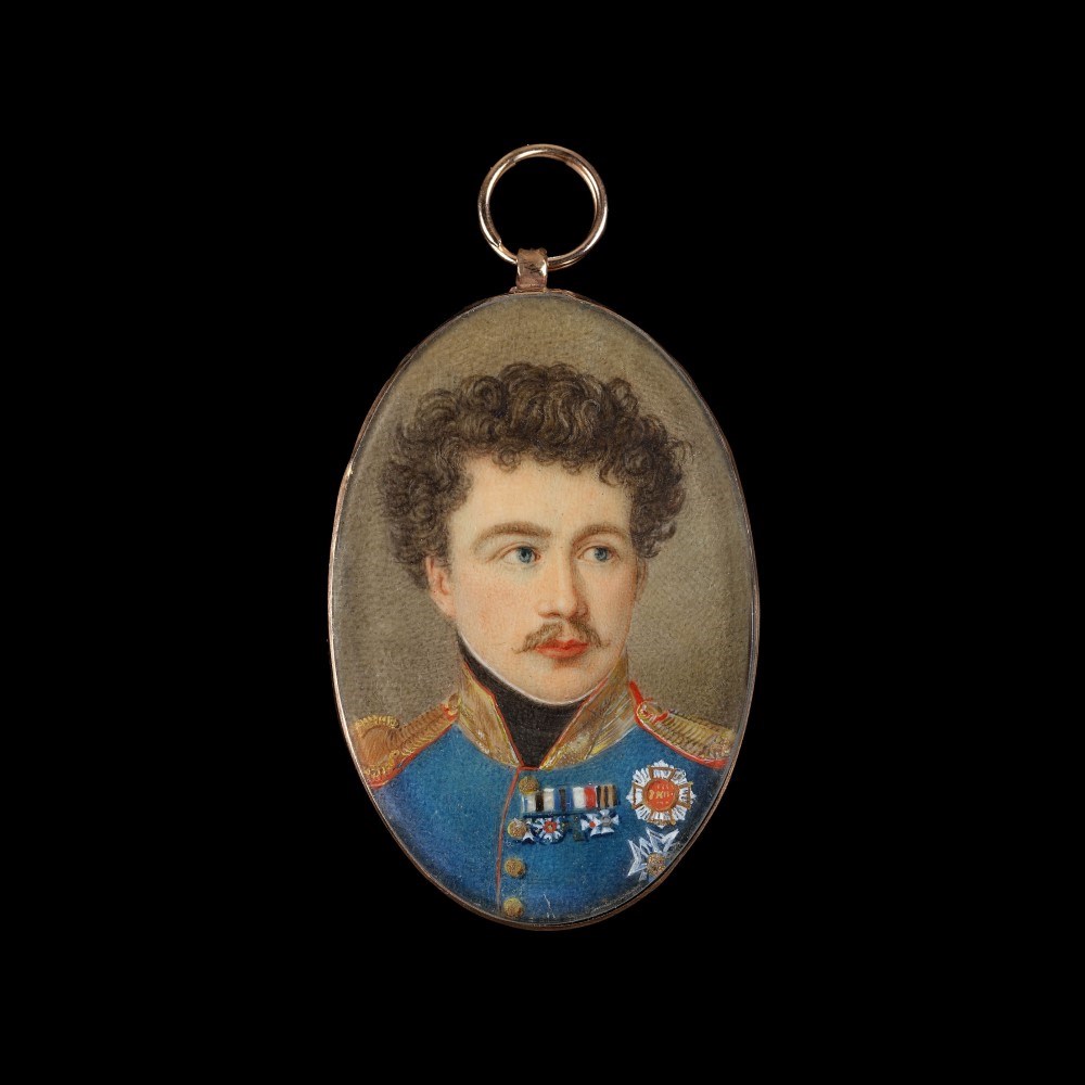 Portrait miniature of King Ludwig I of Bavaria, as crown prince (1786-1868), wearing blue general’s uniform and House of Wittelsbach Orders, including the Order of St. George and the Collar of the Order of St. Hubert